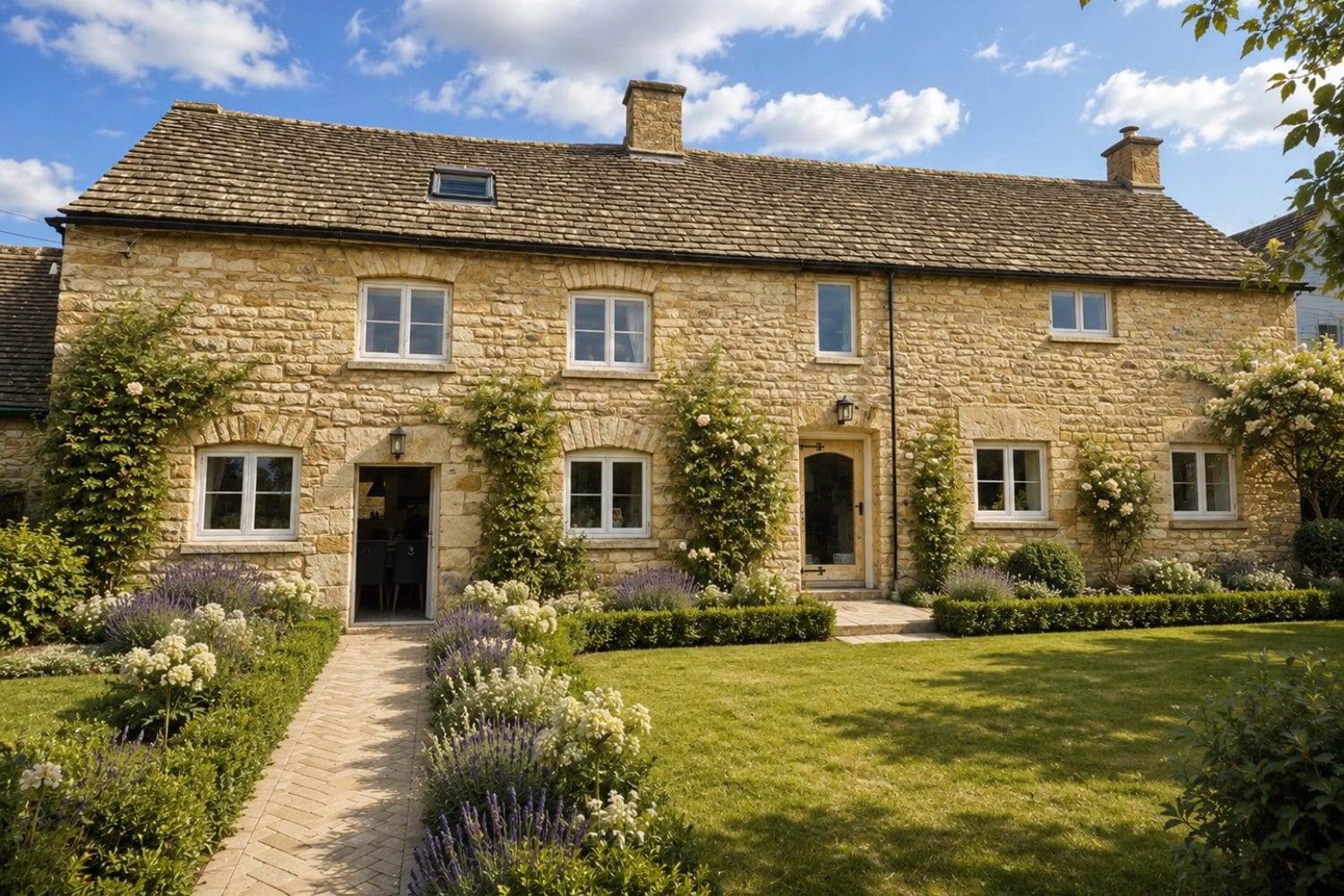 Cotswold stone house frontage with pointing by Jackson's Stonemasonry, climbing roses and a lavender-lined path